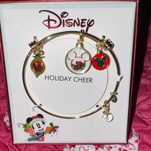 Disney Gold Holiday Charm Bangle with Red and Green Mickey Accents